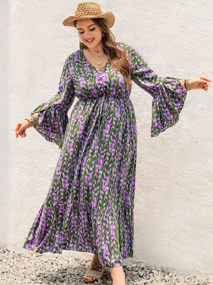 Plus Size Printed V-Neck Long Sleeve Maxi Dress | Trendsi