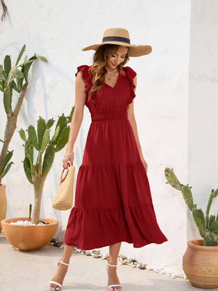 Tiered Ruffled V-Neck Cap Sleeve Dress | Trendsi