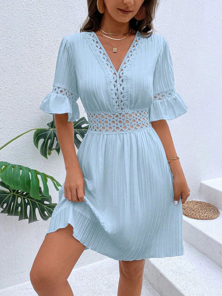 Cutout V-Neck Flounce Sleeve Mini Dress | Trendsi