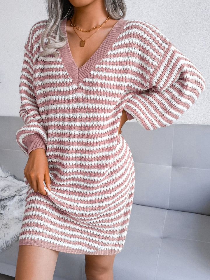 Striped V-Neck Long Sleeve Mini Sweater Dress | Trendsi