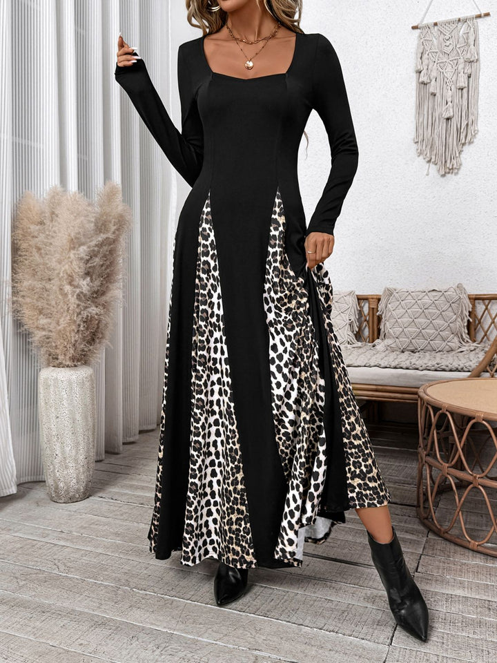 Perfee Leopard Square Neck Long Sleeve Maxi Dress | Trendsi