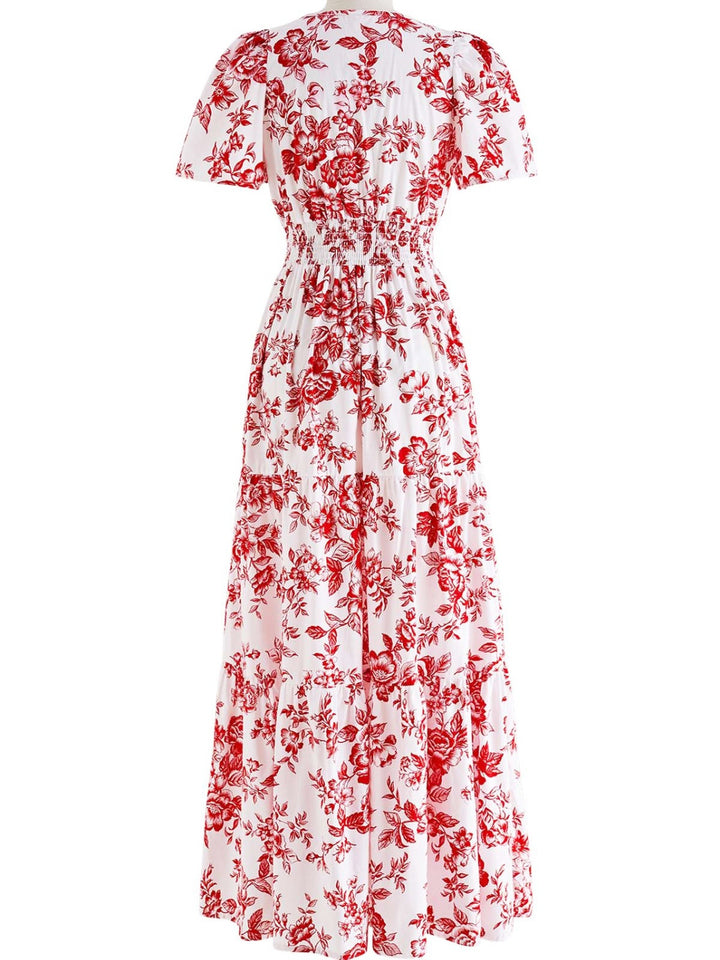 Tiered Floral Notched Short Sleeve Dress | Trendsi