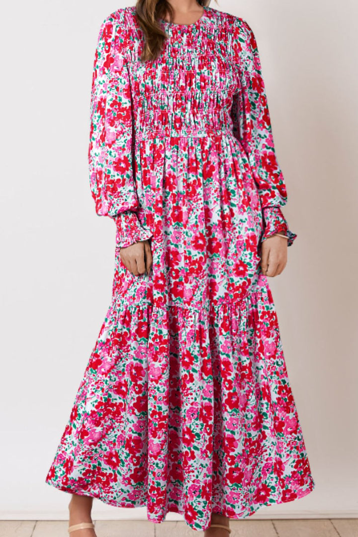 Printed Round Neck Lantern Sleeve Maxi Dress | Trendsi