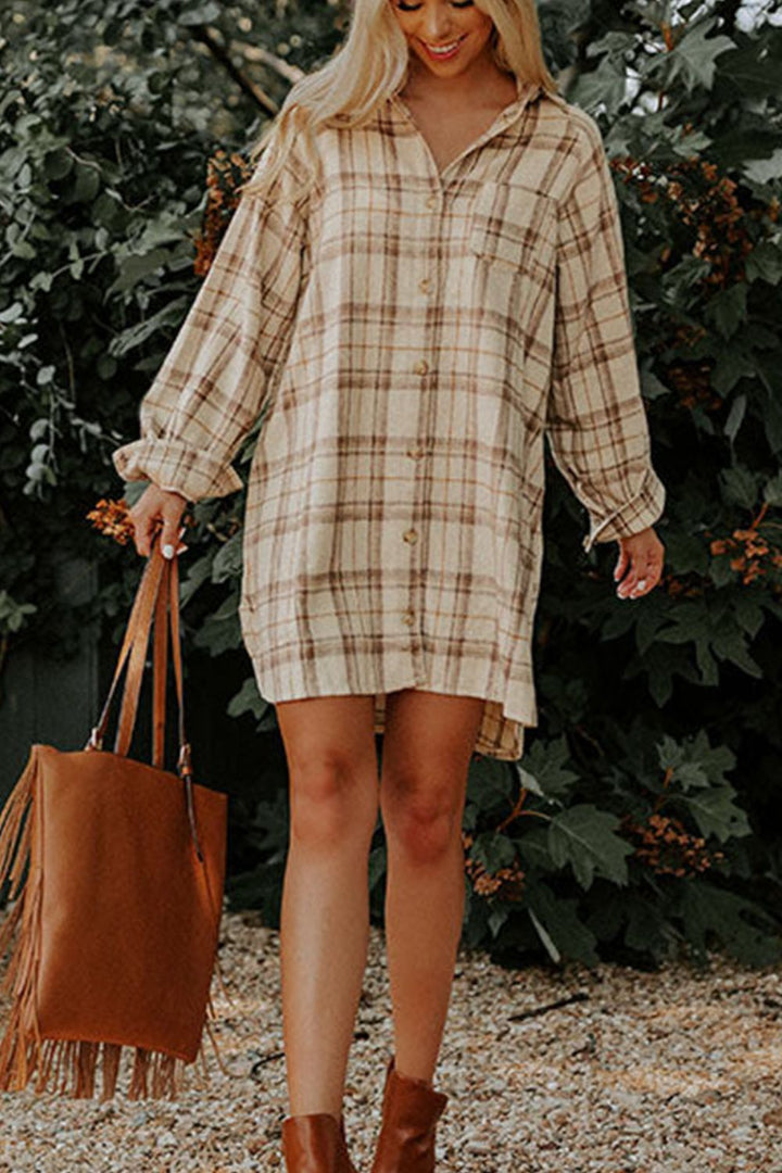 Plaid Collared Neck Long Sleeve Mini Shirt Dress | Trendsi