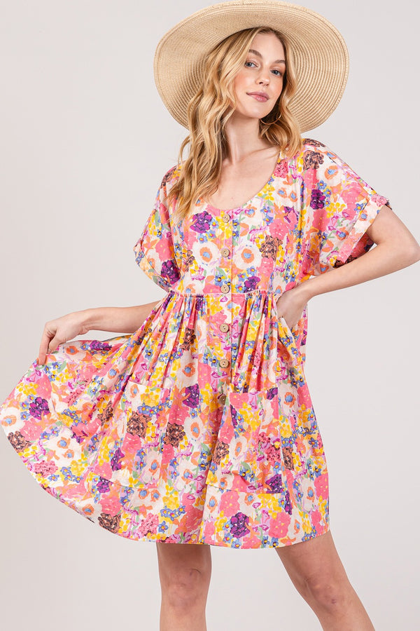 SAGE + FIG Floral Short Sleeve Babydoll Dress with Pockets | Trendsi
