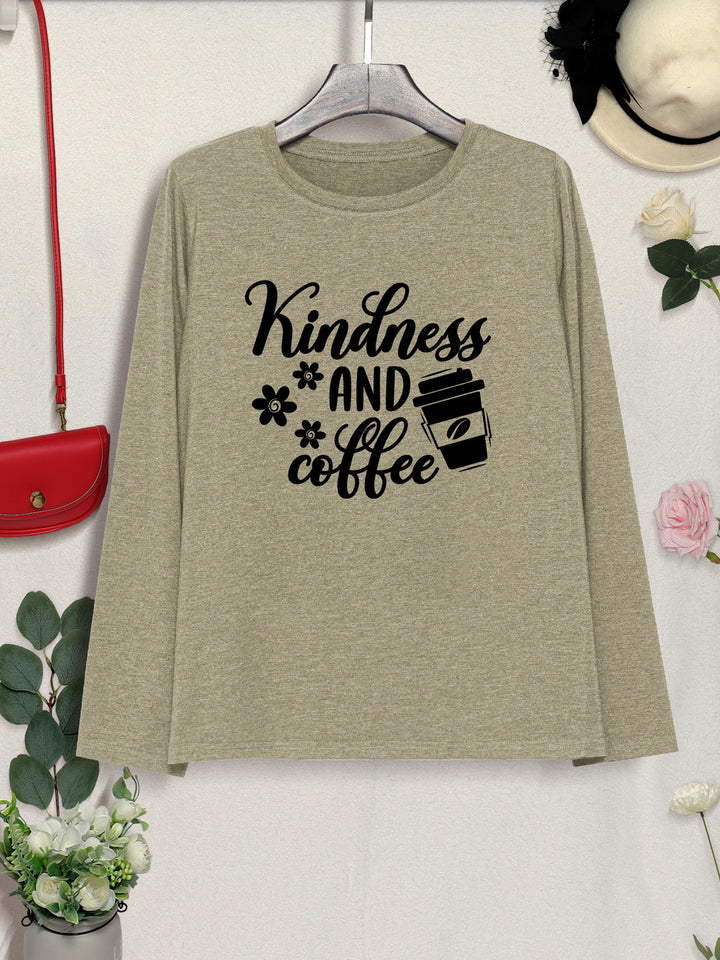 KINDNESS AND COFFEE Round Neck T-Shirt | Trendsi