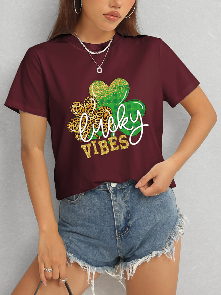 LUCKY VIBES Round Neck Short Sleeve T-Shirt | Trendsi