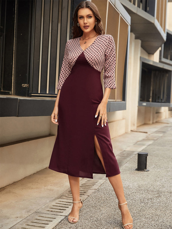 Slit V-Neck Three-Quarter Sleeve Midi Dress | Trendsi