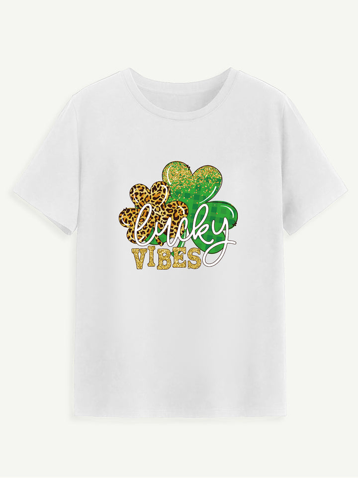 LUCKY VIBES Round Neck Short Sleeve T-Shirt | Trendsi