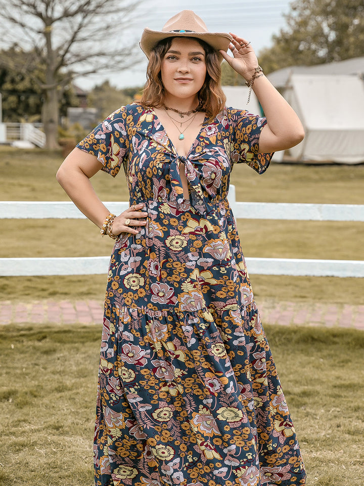 Plus Size Tied Printed Short Sleeve Midi Dress | Trendsi