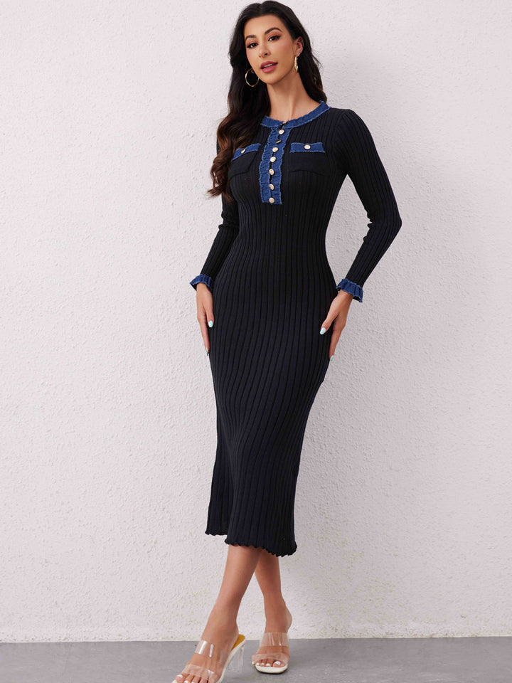 Contrast Trim Round Neck Long Sleeve Sweater Dress | Trendsi