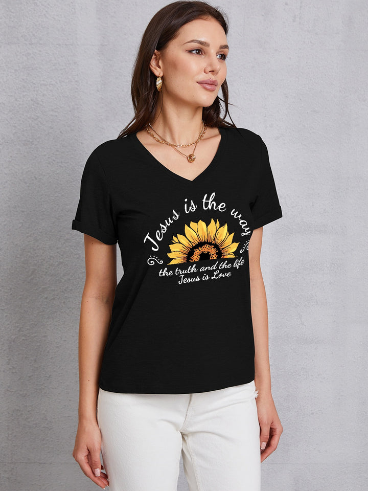 Sunflower V-Neck Short Sleeve T-Shirt | Trendsi