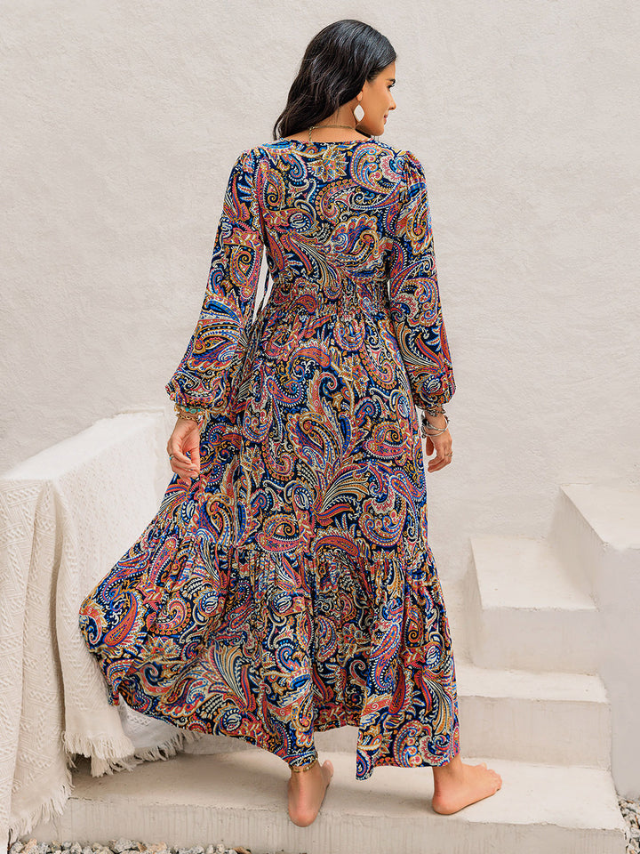 Printed Tie Neck Long Sleeve Midi Dress | Trendsi