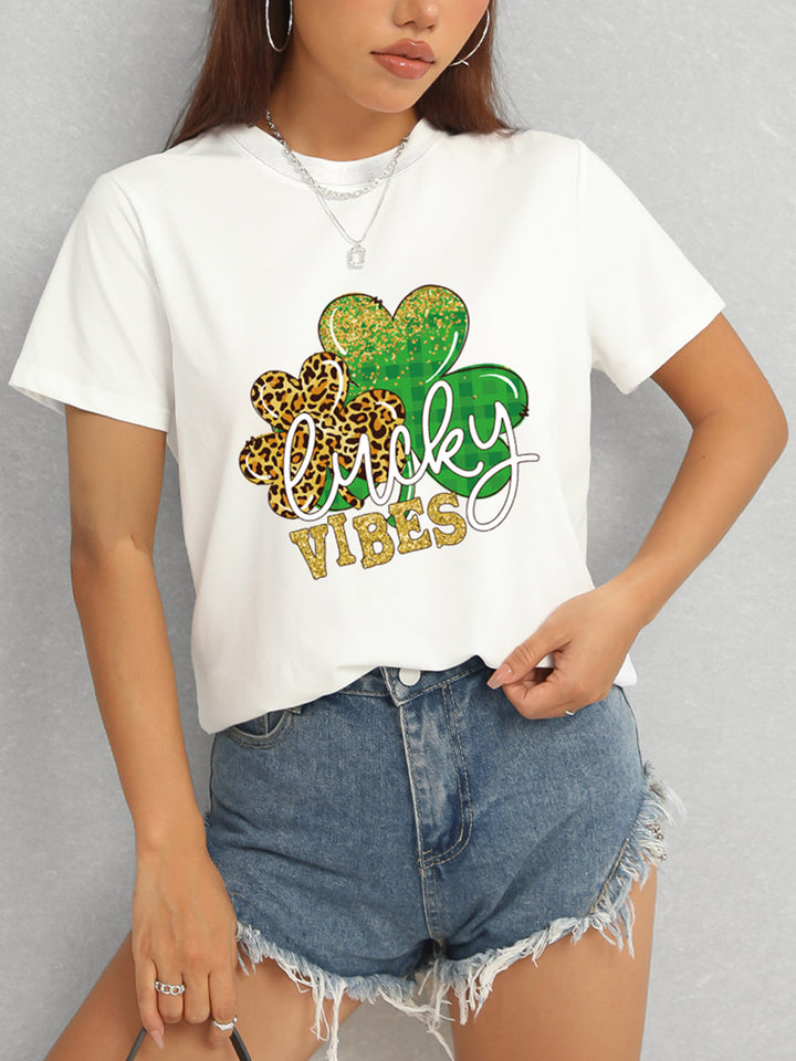 LUCKY VIBES Round Neck Short Sleeve T-Shirt | Trendsi