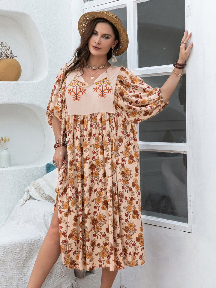 Plus Size Printed Tie Neck Half Sleeve Midi Dress | Trendsi