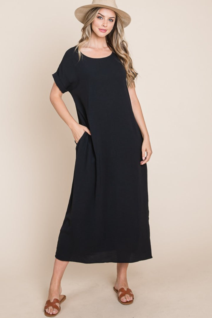 BOMBOM Round Neck Short Sleeve Midi Dress with Pockets | Trendsi