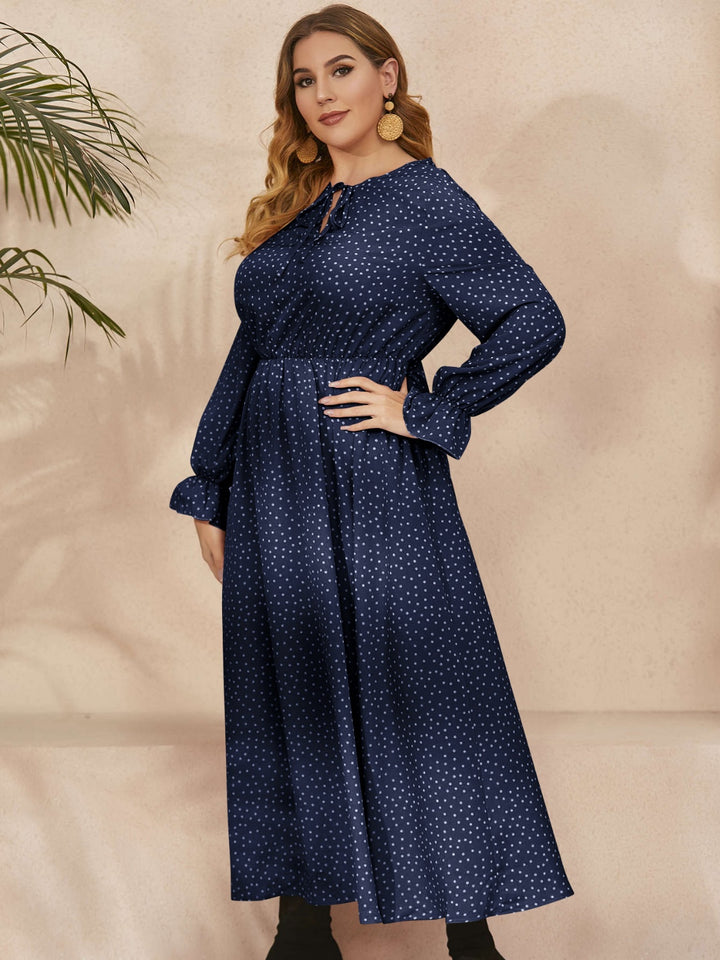 Plus Size Ruffled Polka Dot Long Sleeve Midi Dress | Trendsi