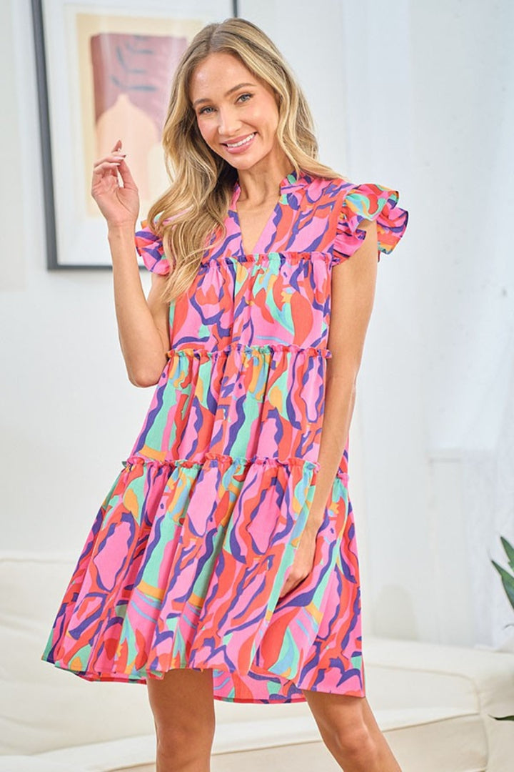 First Love Full Size Printed Ruffle Cap Sleeve Tiered Dress | Trendsi