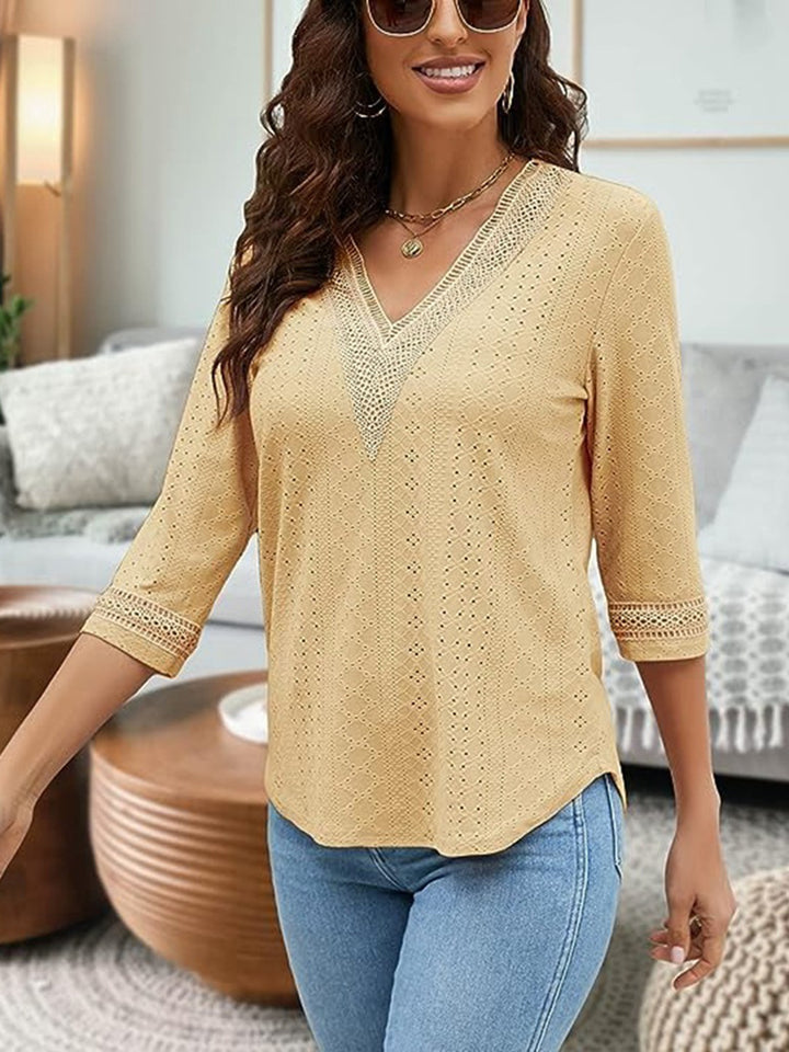 V-Neck Eyelet Blouse | Trendsi