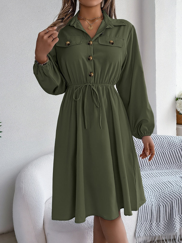 Collared Neck Long Sleeve Dress with Pockets | Trendsi