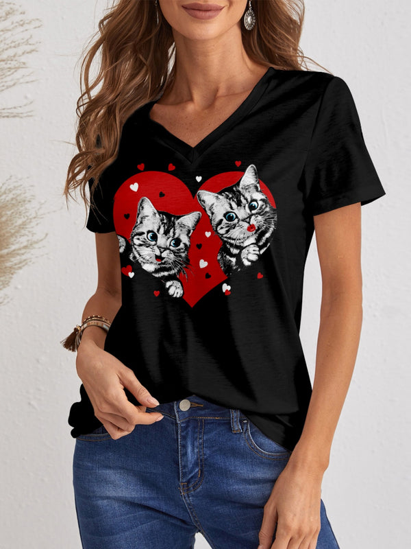 Cat V-Neck Short Sleeve T-Shirt | Trendsi