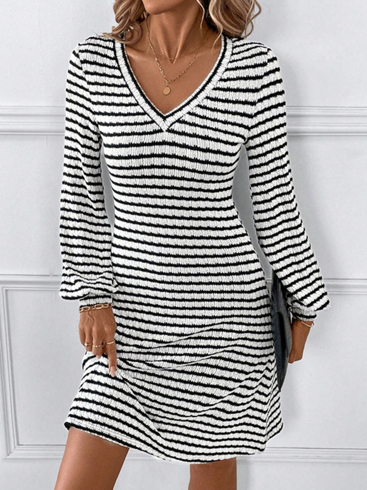 Striped V-Neck Long Sleeve Dress | Trendsi