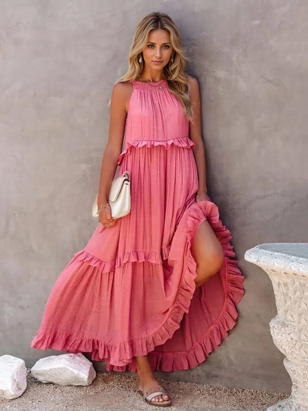 Ruffled Sleeveless Tiered Maxi Dress with Pockets | Trendsi