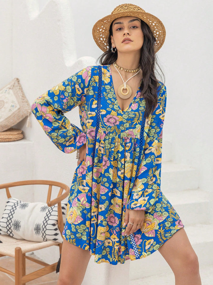 Printed V-Neck Balloon Sleeve Mini Dress | Trendsi