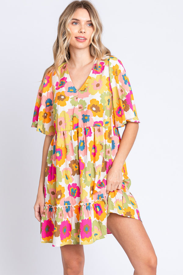 GeeGee Floral V-Neck Ruffle Hem Mini Dress | Trendsi