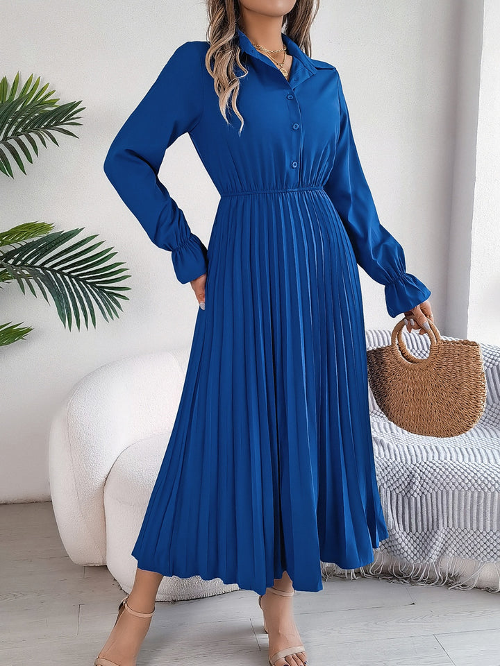 Pleated Half Button Long Sleeve Midi Dress | Trendsi