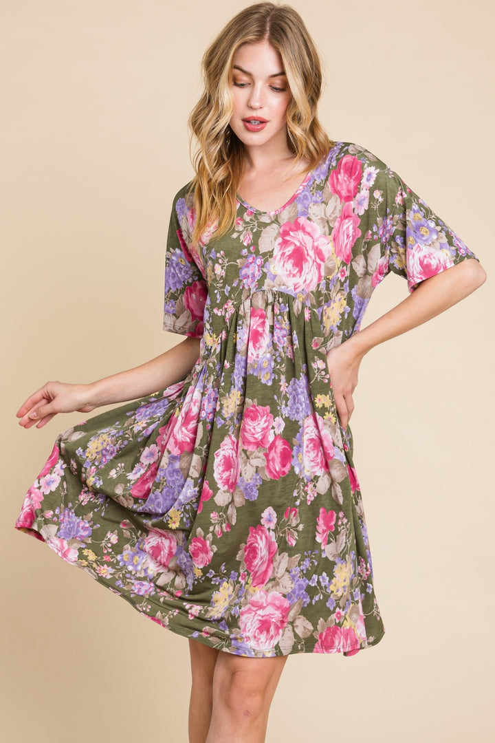 BOMBOM Flower Print V-Neck Ruched Dress | Trendsi