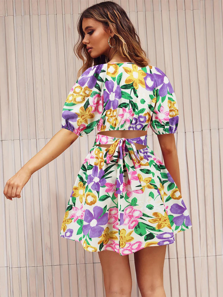 Printed Surplice Short Sleeve Dress | Trendsi