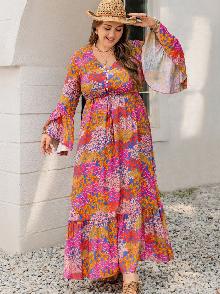 Plus Size Printed V-Neck Long Sleeve Maxi Dress | Trendsi