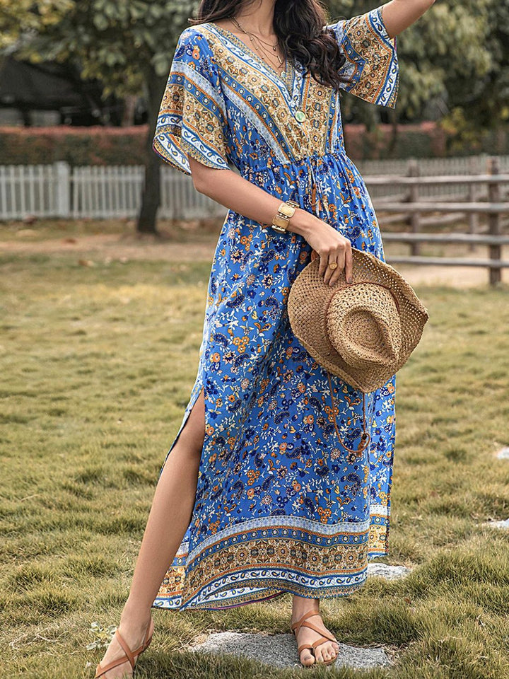 Slit Printed V-Neck Half Sleeve Maxi Dress | Trendsi