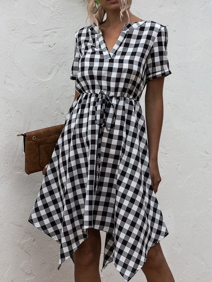 Plaid Notched Short Sleeve Dress | Trendsi