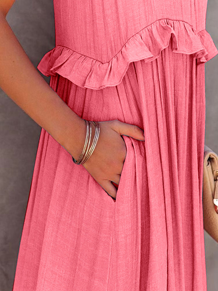 Ruffled Sleeveless Tiered Maxi Dress with Pockets | Trendsi