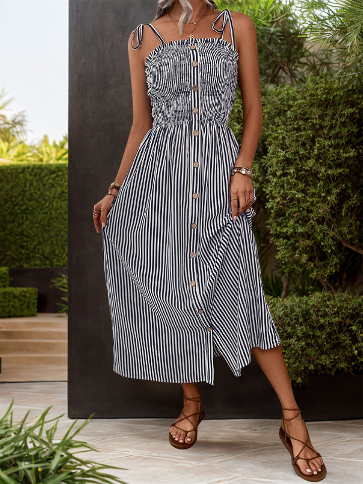 Tied Smocked Striped Sleeveless Midi Dress | Trendsi