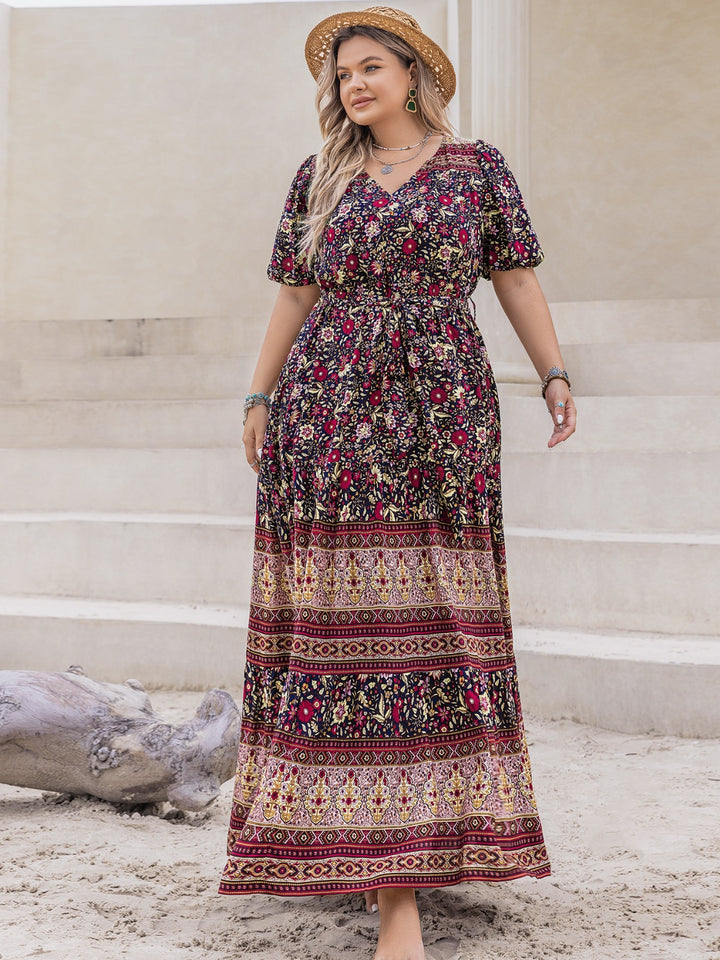 Plus Size Printed V-Neck Short Sleeve Maxi Dress | Trendsi