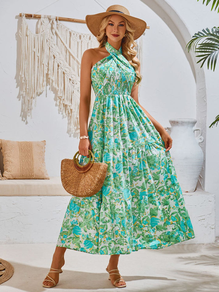 Smocked Printed Sleeveless Midi Dress | Trendsi