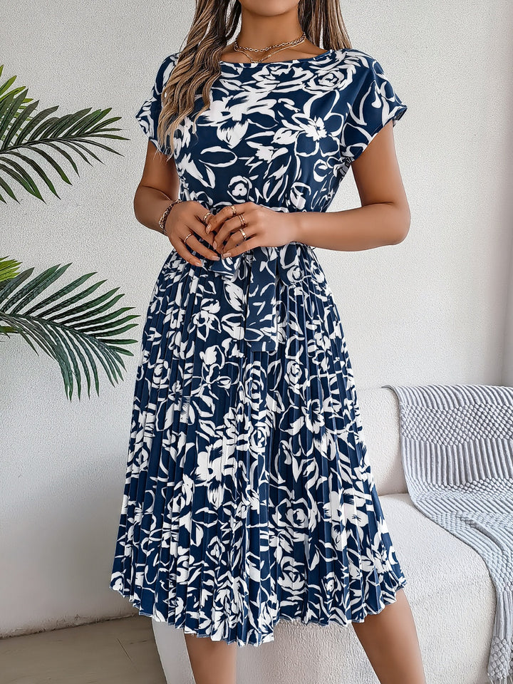 Tied Pleated Printed Short Sleeve Dress | Trendsi