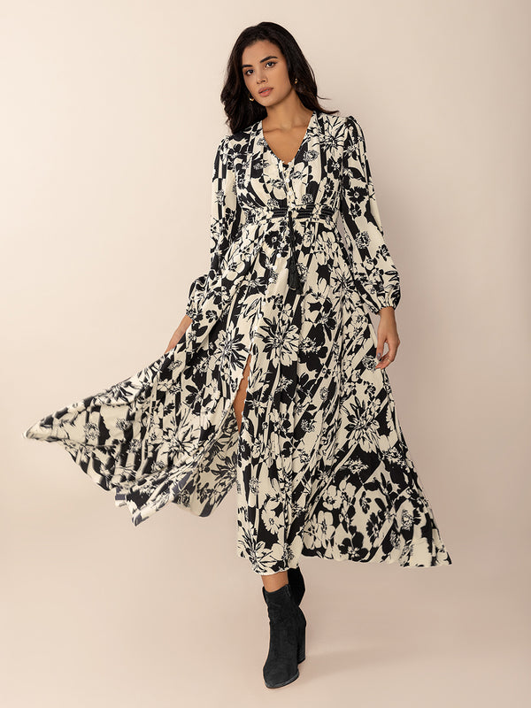 Tied Printed V-Neck Long Sleeve Midi Dress | Trendsi