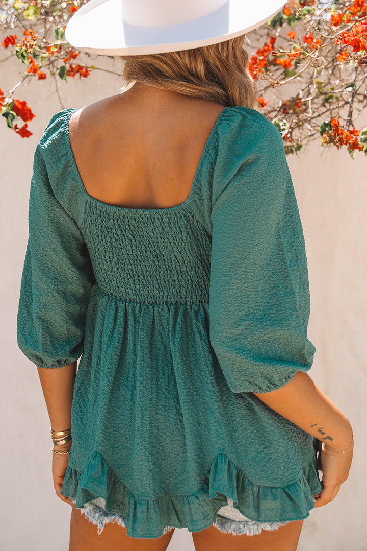 Smocked Three-Quarter Sleeve Peplum Blouse | Trendsi