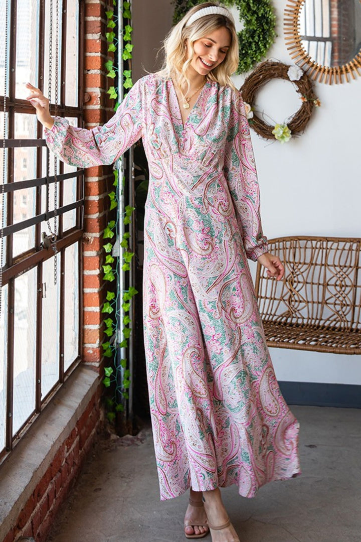 First Love Paisley Print Tie-Back Long Sleeve Maxi Dress | Trendsi