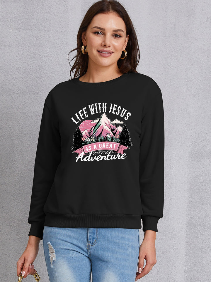 LIFE WITH JESUS IS A GREAT ADVENTURE Round Neck Sweatshirt | Trendsi