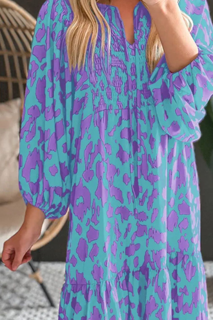 Smocked Printed Tie Neck Long Sleeve Dress | Trendsi