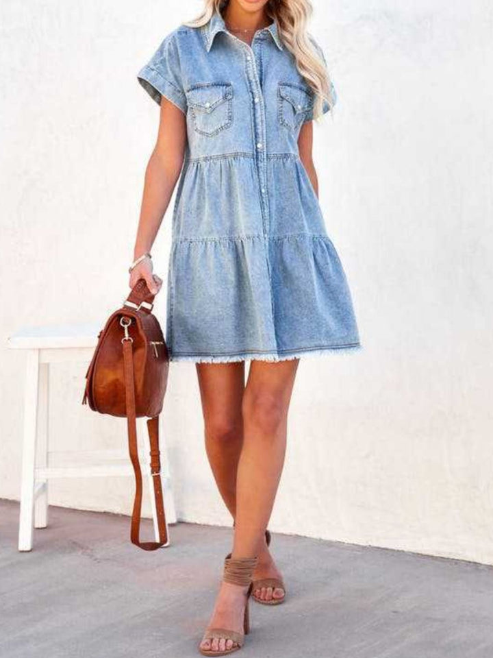 Raw Hem Short Sleeve Denim Dress | Trendsi