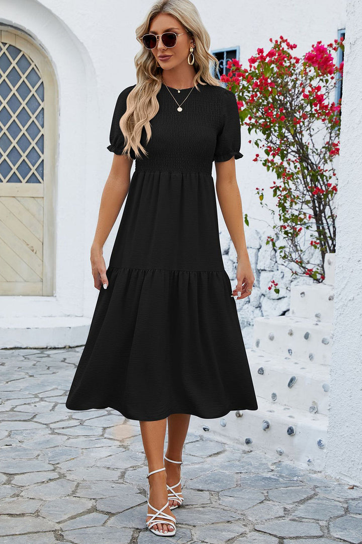 Smocked Round Neck Flounce Sleeve Midi Dress | Trendsi