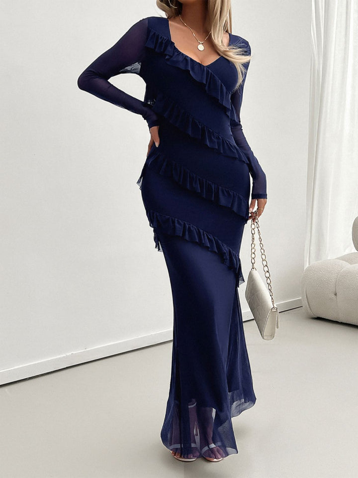 Devine Ruffled Surplice Long Sleeve Maxi Dress | Trendsi