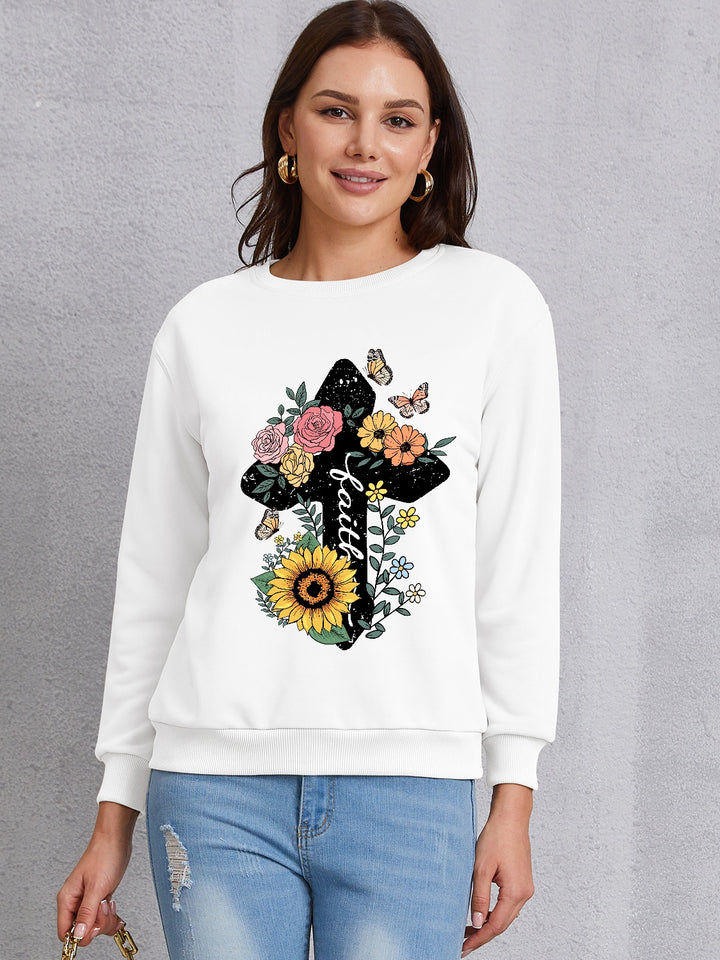 Graphic Round Neck Dropped Shoulder Sweatshirt | Trendsi