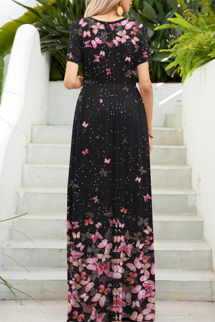 Printed Round Neck Short Sleeve Maxi Dress | Trendsi